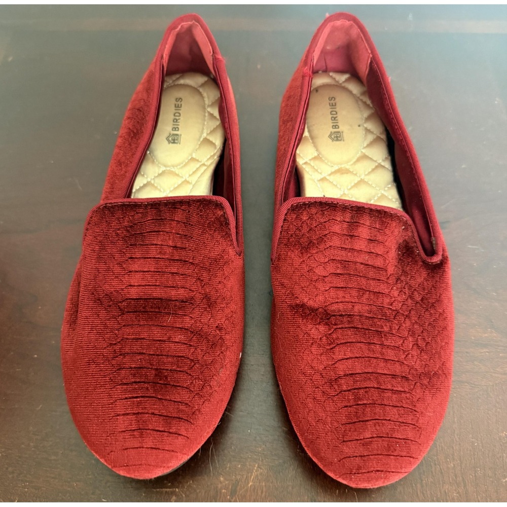 Birdies Shoes Womens Sz 6.5 Burgundy Velvet Loafers Flats Slip On Quilted